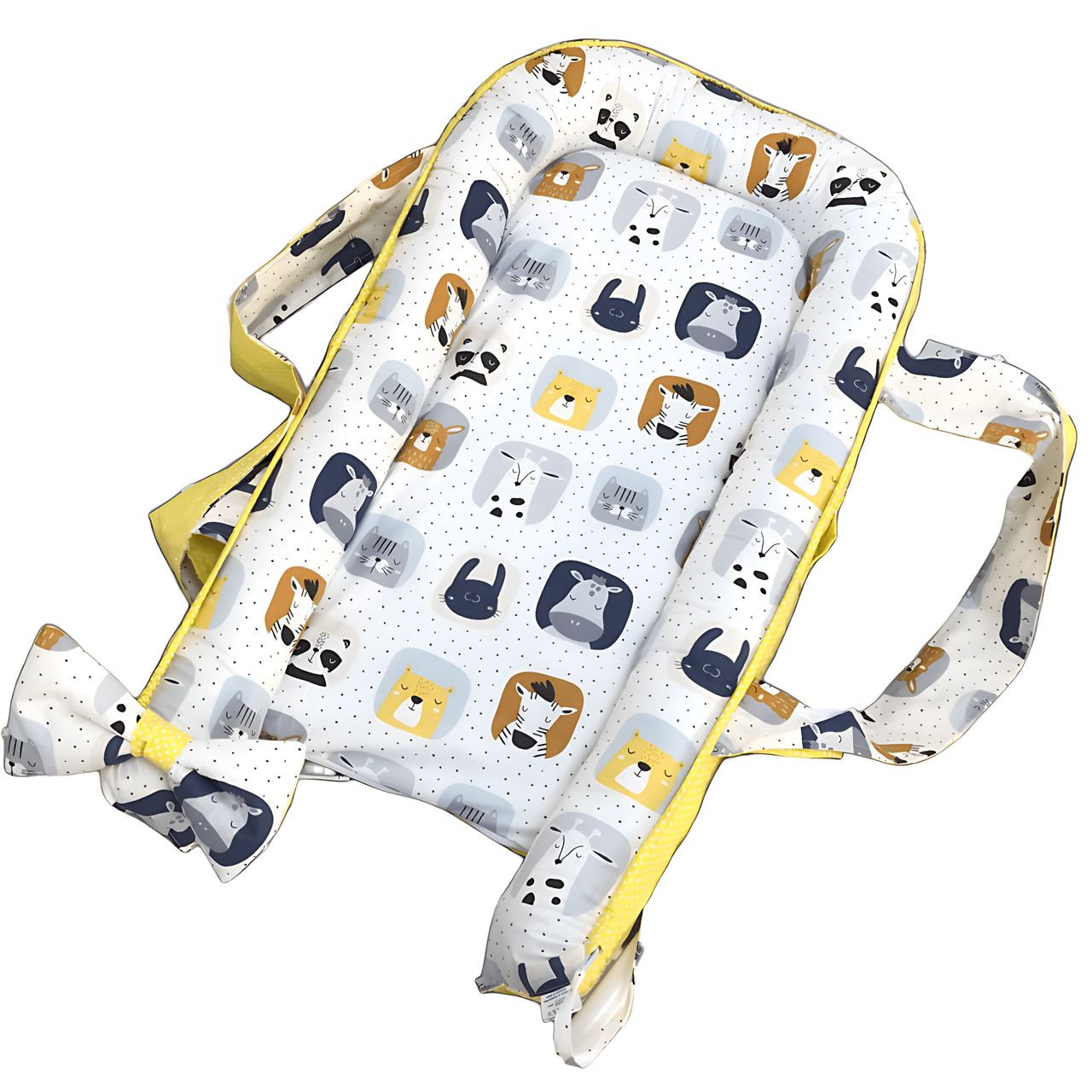 Front view of organic baby sleep cocoon without arc on a white background.