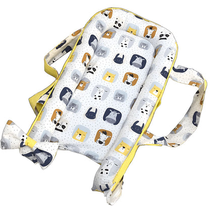 Front view of organic baby sleep cocoon without arc on a white background.