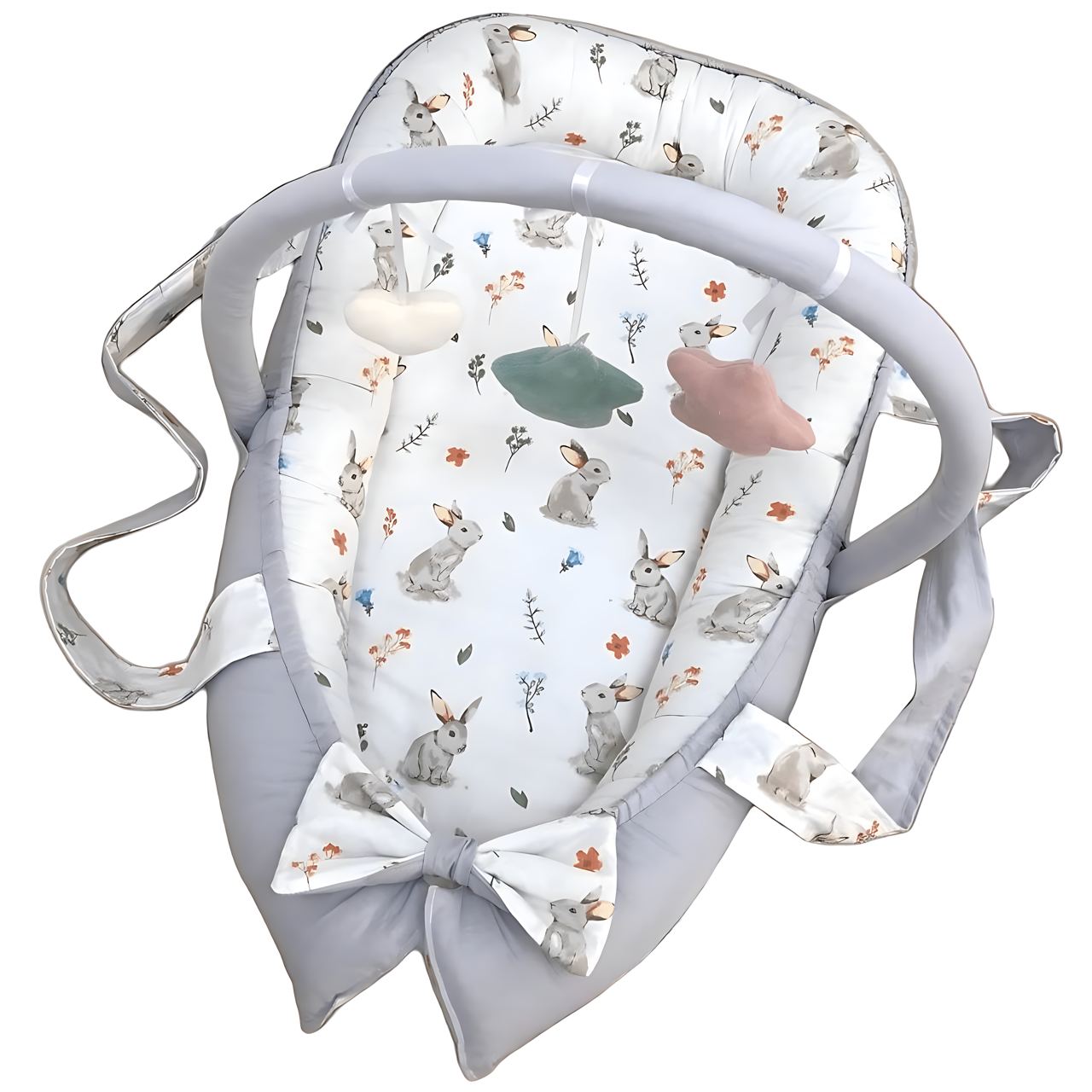 Front view of organic baby sleep cocoon on a white background.