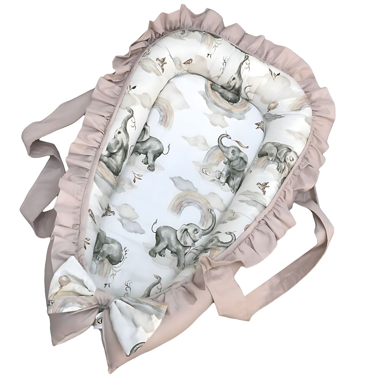 Front view of organic baby sleep cocoon without arc on a white background.